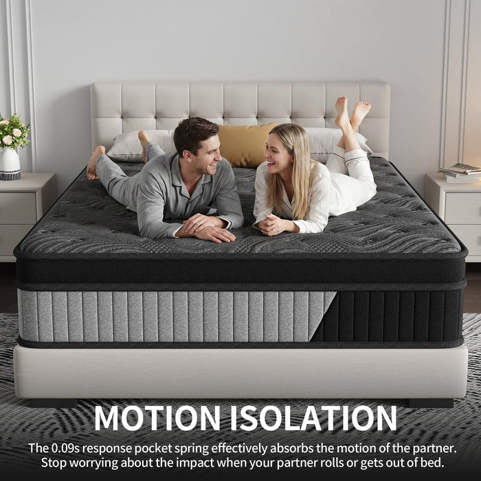 Queen Size 14 Inch Hybrid Mattress in a Box, Medium Firm Black and Gray Fabric Cover with Pocket Spring and Memory Foam - Breathable Supportive Cool Sleep for Back Side Stomach Sleepers
