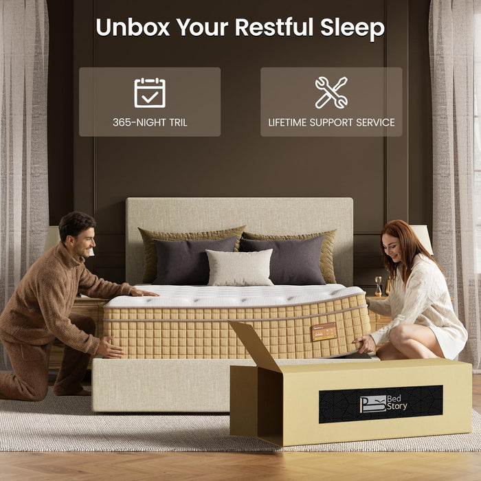 BedStory 14 inch Medium Firm King Mattress, Deep Sleep Hybrid Mattresses in a Box, Zoned Lumbar Support for & Back Pain Relief, Made in USA, CertiPUR-US Certified, 365 Night Trial, 10-Year