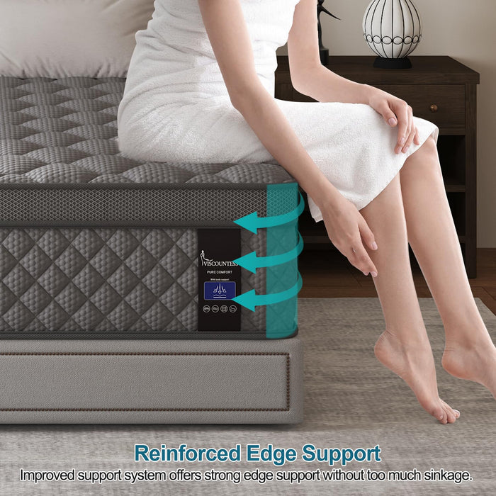 VISCOUNTESS Queen Mattress, 14 Inch Hybrid Mattresses Grey Euro Top Medium Firm for Back & Lumbar Support, 100 Night Trial, Individual Pocket Spring Bed for Motion Isolation & Pressure Relief