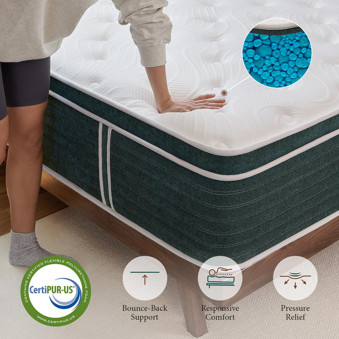 Slintclod Hybrid 14 Inch Queen Mattress- Medium Plush- Contouring Gel Memory Foam & Innerspring Coils - Cooling Upgrade- CertiPUR-US Certified - Pressure Relief Layers- No Fiberglass- Forever Warranty