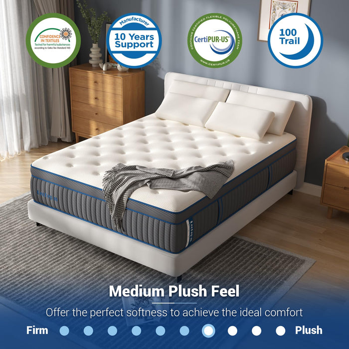 Queen Mattress,14 Inch Medium Plush Hybrid Mattress,Cooling Gel Memory Foam with Individually Pocket Springs,Soft Fabric Mattress Queen size for Pressure Relief,Mattress in box,CertiPUR-US