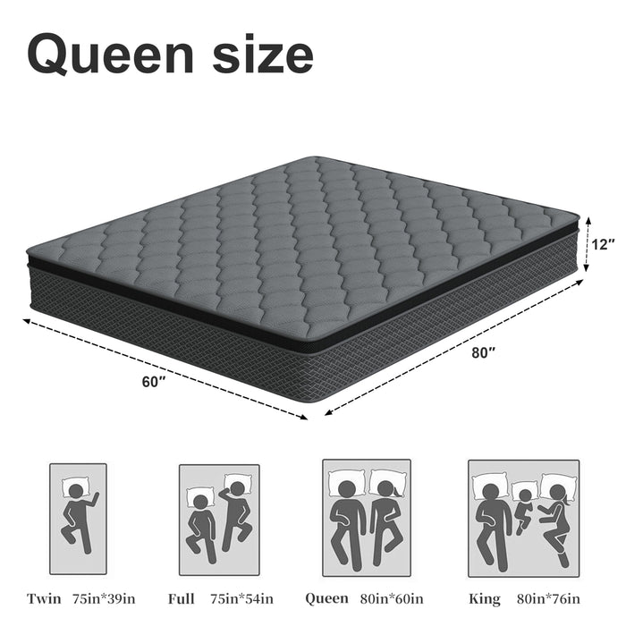 Queen Size Mattress, 12 Inch Individual Pocket Springs Hybrid Memory Foam Mattress in a Box for Pressure Relief, Motion Isolation, CertiPUR-US