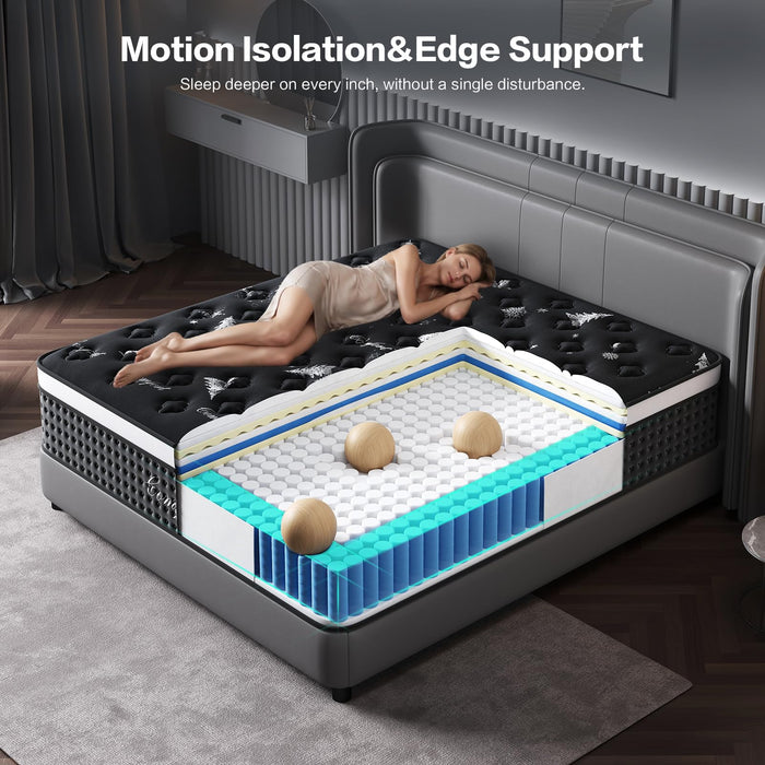 Dkibcum Queen Mattress 12 Inch, Cooling Hybrid Bed in a Box, 7-Zones Individual Pocket Spring, Mattress Queen for Back Pain Relief & Motion Isolation, Fiberglass-Free, CertiPUR-US, 365-Night Trial