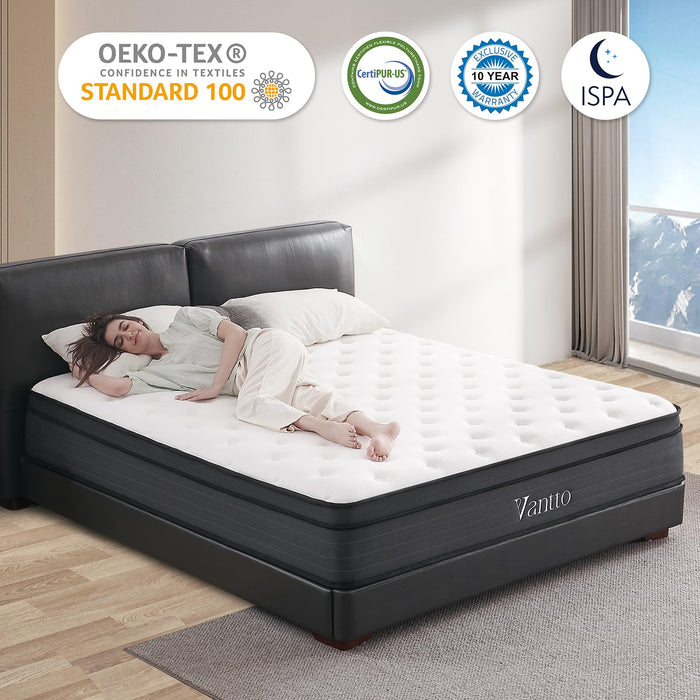 Vantto Full Size Mattress, 12 Inch Memory Foam Hybrid Mattress in a Box with Pocket Springs for Motion Isolation Pressure Relief, 100 Nights Trial, CertiPUR-US