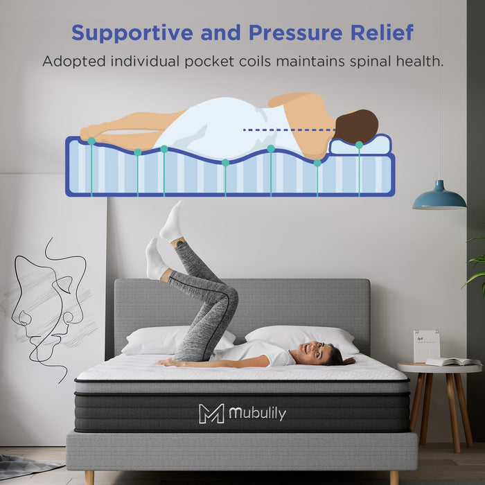 Mubulily Full Mattress,8 Inch Hybrid Mattress in a Box with Gel Memory Foam,Motion Isolation Individually Wrapped Pocket Coils Mattress,Pressure Relief, Medium Firm Support,CertiPUR-US.