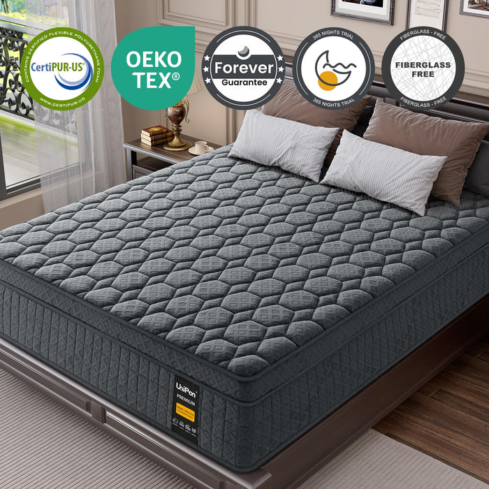 UniPon 14 inch Medium Firm Mattress Queen, Hybrid Mattress with Back and Lumbar Hip Support, Fiberglass Free, 365 Nights Trial, 10 Years Warranty