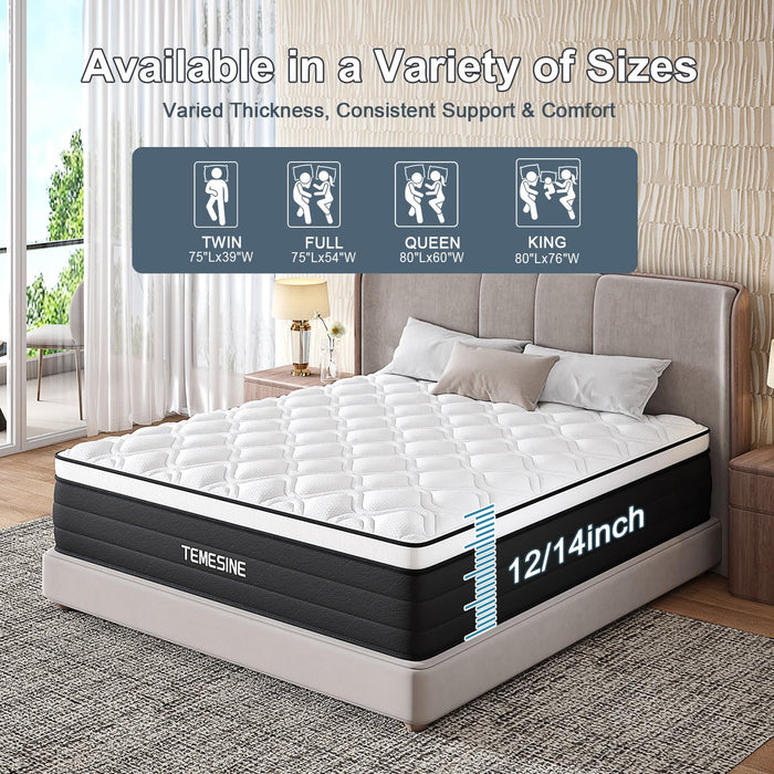 Queen Mattress, 12 Inch Hybrid Mattress in a Box with Individual Pocket Spring, Gel Memory Foam and Euro Top, Medium Firm Feel with Motion Isolation, Pressure Relief, Edge Support,Queen Size Black