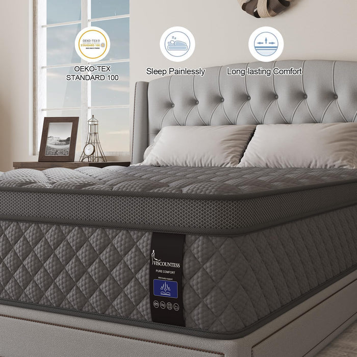 VISCOUNTESS Queen Mattress, 14 Inch Hybrid Mattresses Grey Euro Top Medium Firm for Back & Lumbar Support, 100 Night Trial, Individual Pocket Spring Bed for Motion Isolation & Pressure Relief