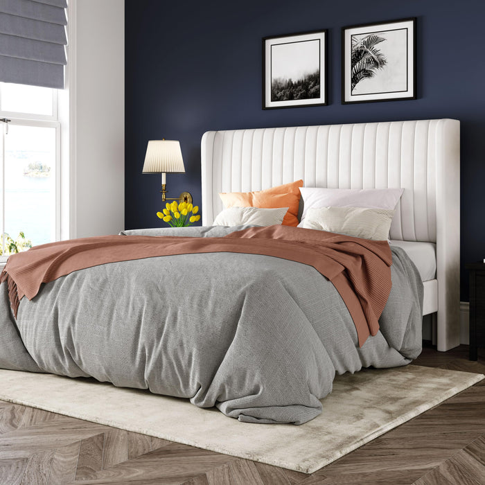 Allewie Queen Size Velvet Bed Frame/Vertical Channel Tufted Wingback Headboard/Upholstered Platform Bed/Strong Wooden Slats/No Box Spring Needed/Easy Assembly/White