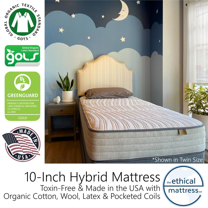 Ethical Mattress CO 10" Toxin-Free Hybrid Mattress, Made in The USA with Organic Cotton, Wool, Latex & Pocketed Coils (No Fiberglass or Polyfoams) Comfortable & Supportive Bed-in-Box - Twin Size